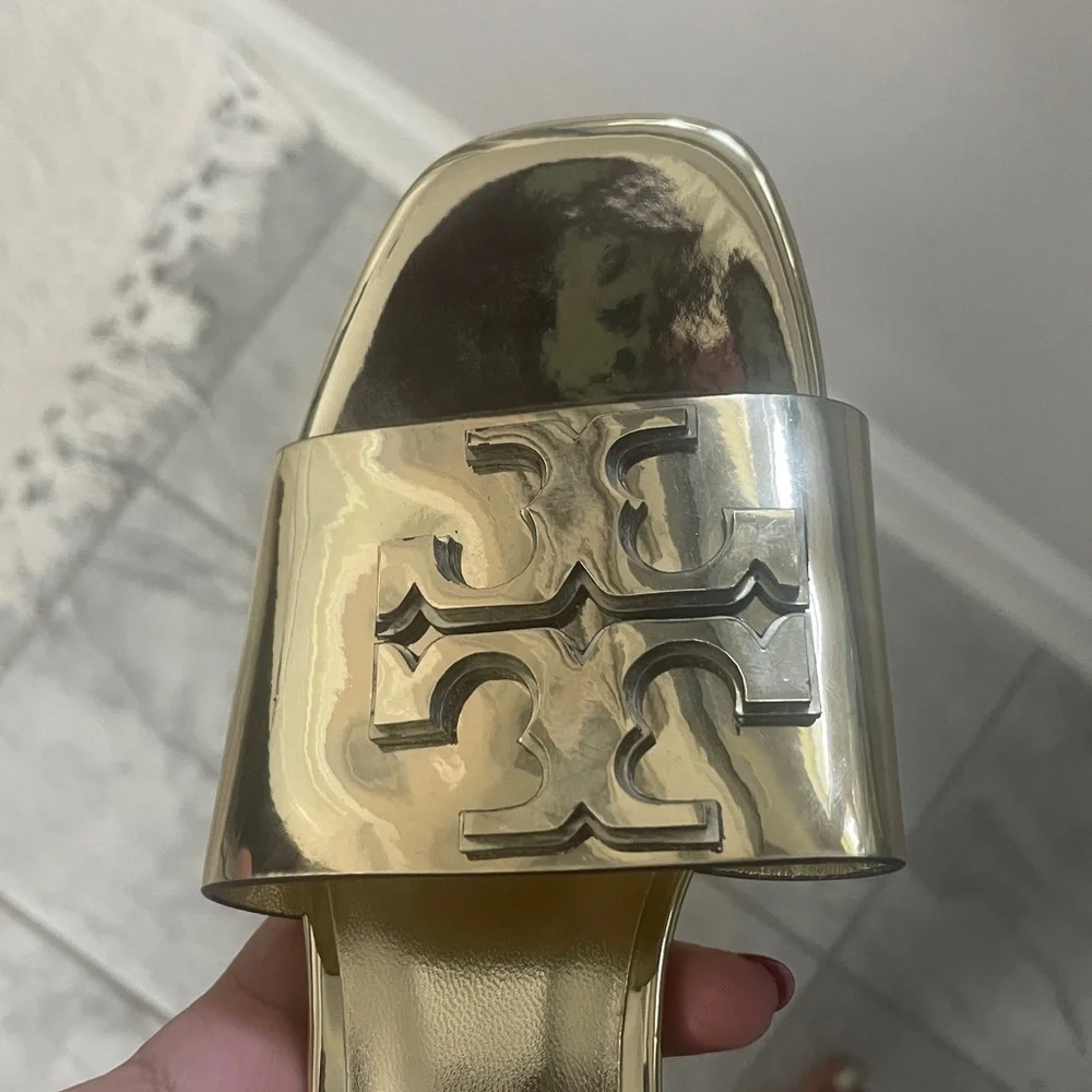 Tory Burch Metallic Gold Slide Sandals with Logo Accent